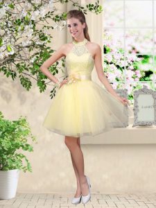 A-line Court Dresses for Sweet 16 Light Yellow Halter Top Tulle Sleeveless Knee Length Lace Up