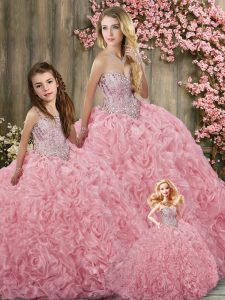 Sleeveless Beading Lace Up Sweet 16 Quinceanera Dress with Pink Brush Train