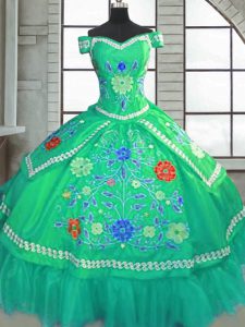 Sweetheart Short Sleeves 15 Quinceanera Dress Floor Length Beading and Embroidery Green Taffeta