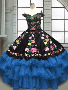 Beauteous Blue And Black Ball Gowns Organza and Taffeta Sweetheart Sleeveless Embroidery and Ruffled Layers Floor Length