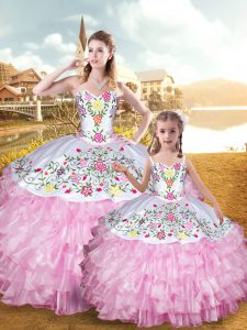 Floor Length Rose Pink Quinceanera Dress Organza and Taffeta Sleeveless Embroidery and Ruffled Layers
