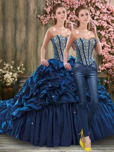 Navy Blue Two Pieces Taffeta Sweetheart Sleeveless Beading and Pick Ups Lace Up Quinceanera Dresses Brush Train