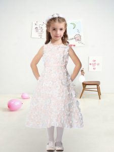 Lace and Appliques and Belt Flower Girl Dresses for Less White Zipper Sleeveless Tea Length