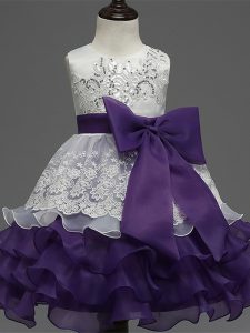 Captivating Tea Length Zipper Flower Girl Dresses for Less White And Purple for Wedding Party with Lace and Ruffled Laye