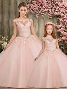 Attractive Baby Pink Cap Sleeves Floor Length Beading and Embroidery Lace Up 15th Birthday Dress