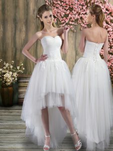 White Sleeveless Ruching High Low Wedding Gown