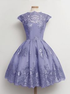 Enchanting Lavender Wedding Party Dress Prom and Party and Wedding Party with Lace Scalloped Cap Sleeves Lace Up