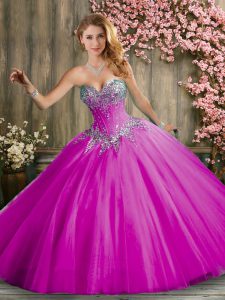 Stunning Fuchsia Tulle Lace Up Sweetheart Sleeveless Floor Length 15th Birthday Dress Beading