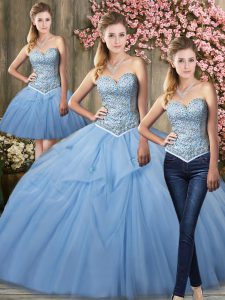 Fashion Light Blue Tulle Lace Up Vestidos de Quinceanera Sleeveless Brush Train Beading and Pick Ups