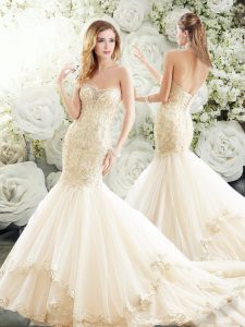 Strapless Sleeveless Wedding Gowns Brush Train Lace Champagne Tulle