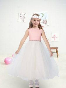 White Ball Gowns Bateau Sleeveless Tulle Ankle Length Zipper Belt Flower Girl Dress