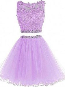 Smart Lavender Two Pieces Beading and Lace and Appliques Evening Dress Zipper Tulle Sleeveless Mini Length