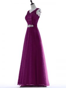 Sleeveless Floor Length Beading and Lace Zipper Oscars Dresses with Purple