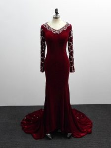 Fancy Zipper Mother of the Bride Dress Burgundy for Prom and Military Ball and Sweet 16 with Beading Brush Train