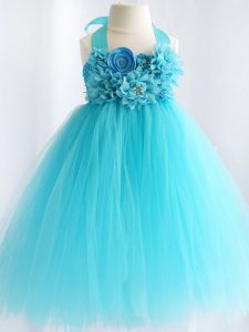 Dramatic Sleeveless Tulle Knee Length Side Zipper Little Girls Pageant Dress in Aqua Blue with Hand Made Flower