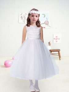 Glamorous Sleeveless Tulle Tea Length Zipper Flower Girl Dresses for Less in White with Beading