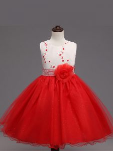 Beauteous Red Scoop Zipper Appliques and Hand Made Flower Girls Pageant Dresses Sleeveless