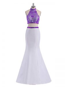 Beautiful White And Purple Two Pieces Halter Top Sleeveless Satin Floor Length Criss Cross Beading Dress for Prom