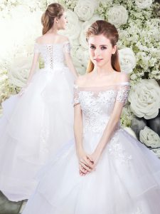 White Ball Gowns Tulle Off The Shoulder Short Sleeves Lace Floor Length Lace Up Wedding Dress