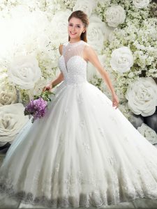 Enchanting Tulle Sleeveless Wedding Dress Chapel Train and Beading and Lace