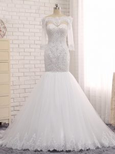 Smart Off The Shoulder Sleeveless Wedding Gown Floor Length Beading and Lace White Tulle