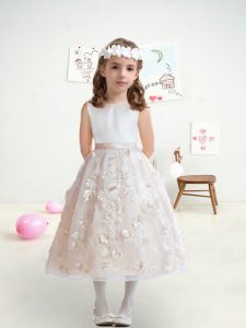 A-line Flower Girl Dresses for Less White Bateau Tulle Sleeveless Tea Length Zipper