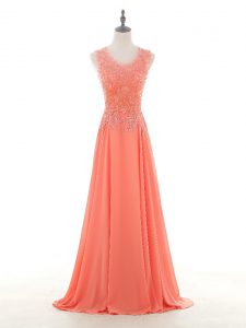 Watermelon Red Sleeveless Floor Length Lace and Appliques Zipper Evening Party Dresses