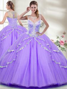 Floor Length Lavender Vestidos de Quinceanera Tulle Sleeveless Beading