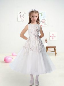 White Zipper Scoop Lace and Appliques Flower Girl Dress Tulle Sleeveless