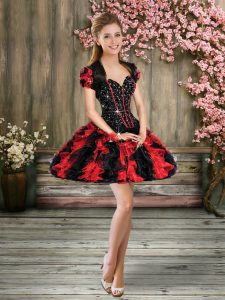 Fashionable Mini Length Red And Black Party Dress Wholesale Organza Sleeveless Beading and Ruffles