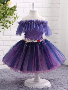 Custom Design Purple Off The Shoulder Neckline Beading and Hand Made Flower Little Girls Pageant Gowns Short Sleeves Lac