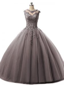 Free and Easy Brown Lace Up Scoop Beading and Lace Ball Gown Prom Dress Tulle Sleeveless
