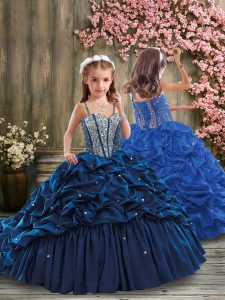 Navy Blue Ball Gowns Taffeta Straps Sleeveless Beading and Pick Ups Lace Up Girls Pageant Dresses Brush Train
