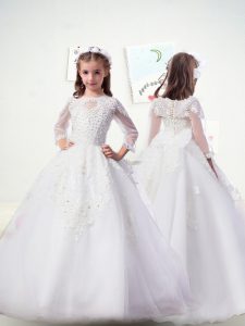 White 3 4 Length Sleeve Tulle Sweep Train Zipper Flower Girl Dresses for Less for Wedding Party