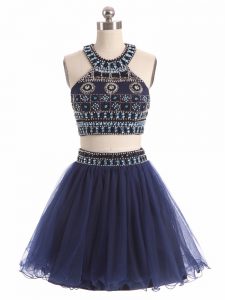 Charming Navy Blue Two Pieces Tulle Scoop Sleeveless Beading Mini Length Zipper Homecoming Dress