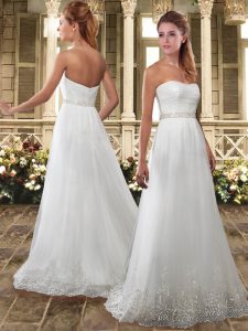 White Strapless Neckline Beading and Lace Wedding Dresses Sleeveless Zipper