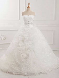 Custom Design White Sweetheart Neckline Beading and Ruching Wedding Dress Sleeveless Lace Up