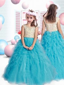 Cap Sleeves Floor Length Beading and Ruffles Lace Up Girls Pageant Dresses with Teal
