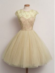 Extravagant Tulle Scoop Cap Sleeves Lace Up Lace Court Dresses for Sweet 16 in Champagne