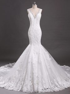 Extravagant White Mermaid Tulle V-neck Sleeveless Beading and Lace Clasp Handle Wedding Gowns Court Train
