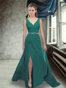 Brush Train Empire Wedding Guest Dresses Dark Green V-neck Chiffon Sleeveless Zipper
