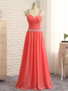 Sleeveless Chiffon Floor Length Criss Cross Prom Evening Gown in Watermelon Red with Beading and Ruching
