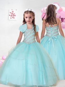 Dramatic Tulle Sleeveless Floor Length Little Girls Pageant Dress and Beading