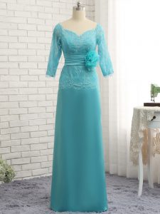 Chiffon Sweetheart Long Sleeves Zipper Lace and Appliques and Ruching and Hand Made Flower Mother Dresses in Aqua Blue