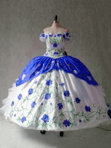 Dramatic Blue And White Off The Shoulder Neckline Embroidery and Ruffles 15 Quinceanera Dress Cap Sleeves Lace Up