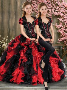 Attractive Red And Black Two Pieces Organza Sweetheart Sleeveless Beading and Ruffles Floor Length Lace Up Quince Ball G