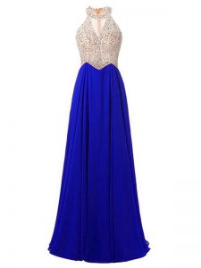 Best Selling Chiffon High-neck Sleeveless Zipper Beading Prom Party Dress in Royal Blue