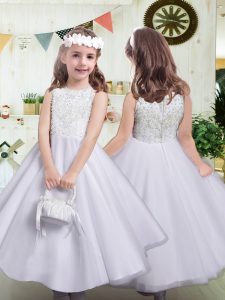 Classical Sleeveless Tulle Floor Length Zipper Flower Girl Dress in White with Beading and Lace