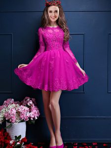 Fuchsia A-line Beading and Lace and Appliques Dama Dress for Quinceanera Lace Up Chiffon 3 4 Length Sleeve Mini Length