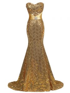Shining Gold Sleeveless Brush Train Sequins Juniors Evening Dress
